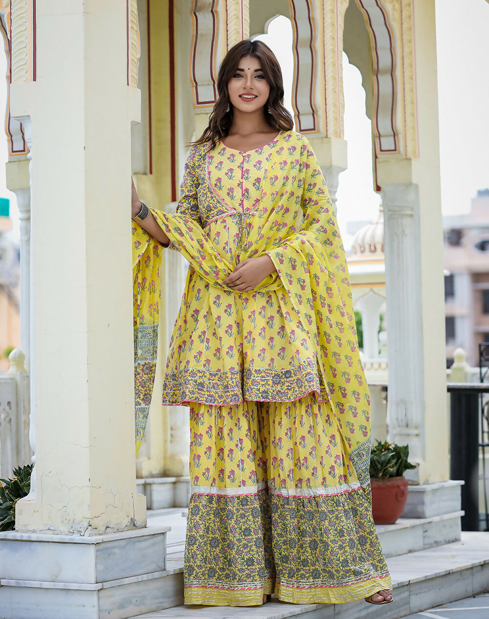 Kaajh Women's Yellow Floral Paplum Kurta Sharara Set With Dupatta - Distacart