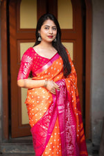 Thumbnail for Orange Jute Silk Printed Saree with Unstitched Blouse - Hiral Fashion - Distacart