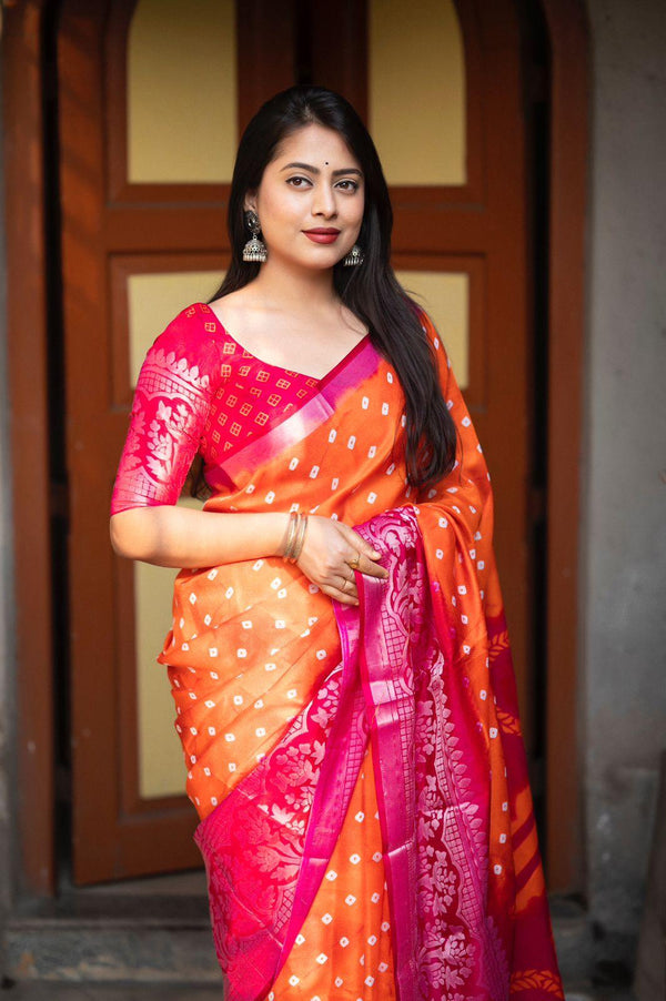 Orange Jute Silk Printed Saree with Unstitched Blouse - Hiral Fashion - Distacart