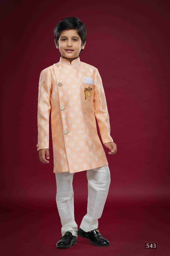 Raivat Ethnic Kids Banarasi Jacquard Woven Work Semi Indo Western Set Peach Colour - Distacart