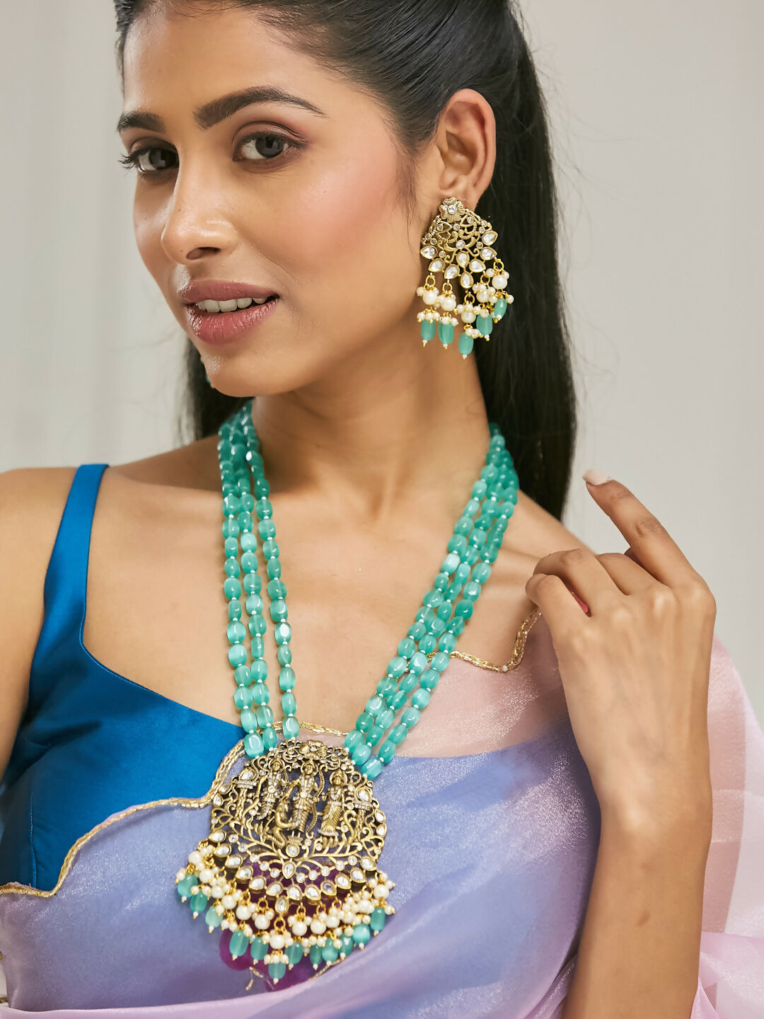 Nuyug 22K Gold-Plated Zircon Studded & Stone Beaded Strings Necklace Set - Distacart