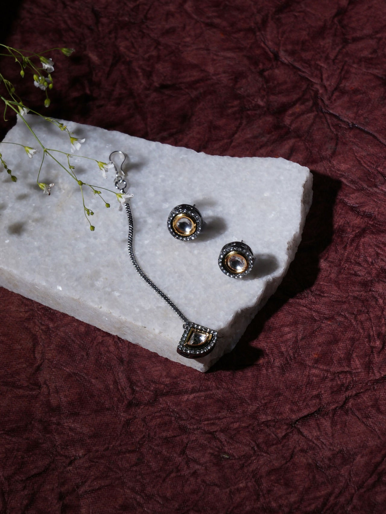 Dual Tone Kundan Maang Tikka with Earrings Jewellery Set (silver) - Ruby Raang - Distacart