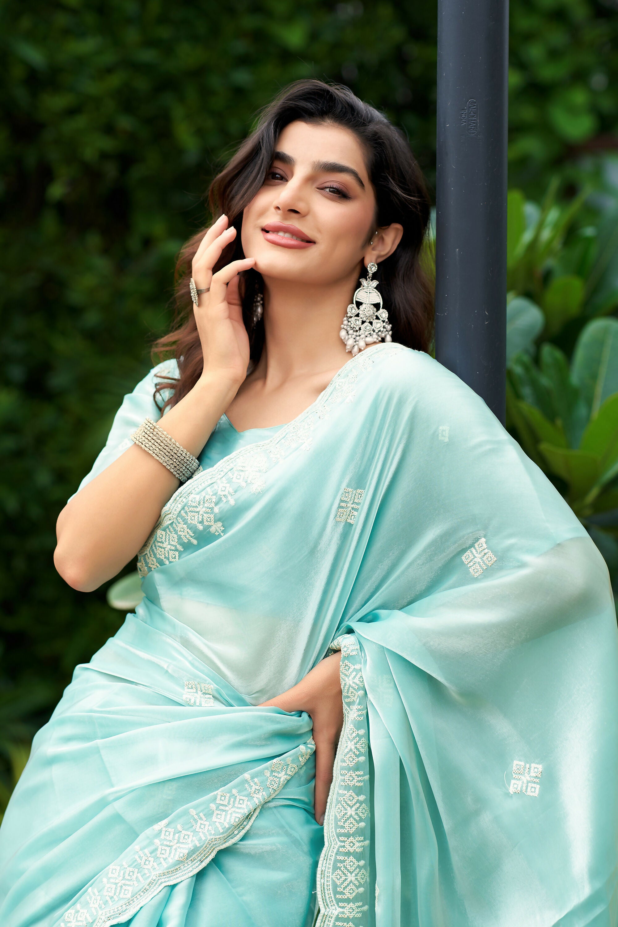 Vastranavya Turquoise Embroidery Work Shimmer Chiffon Saree with Unstitched Blouse