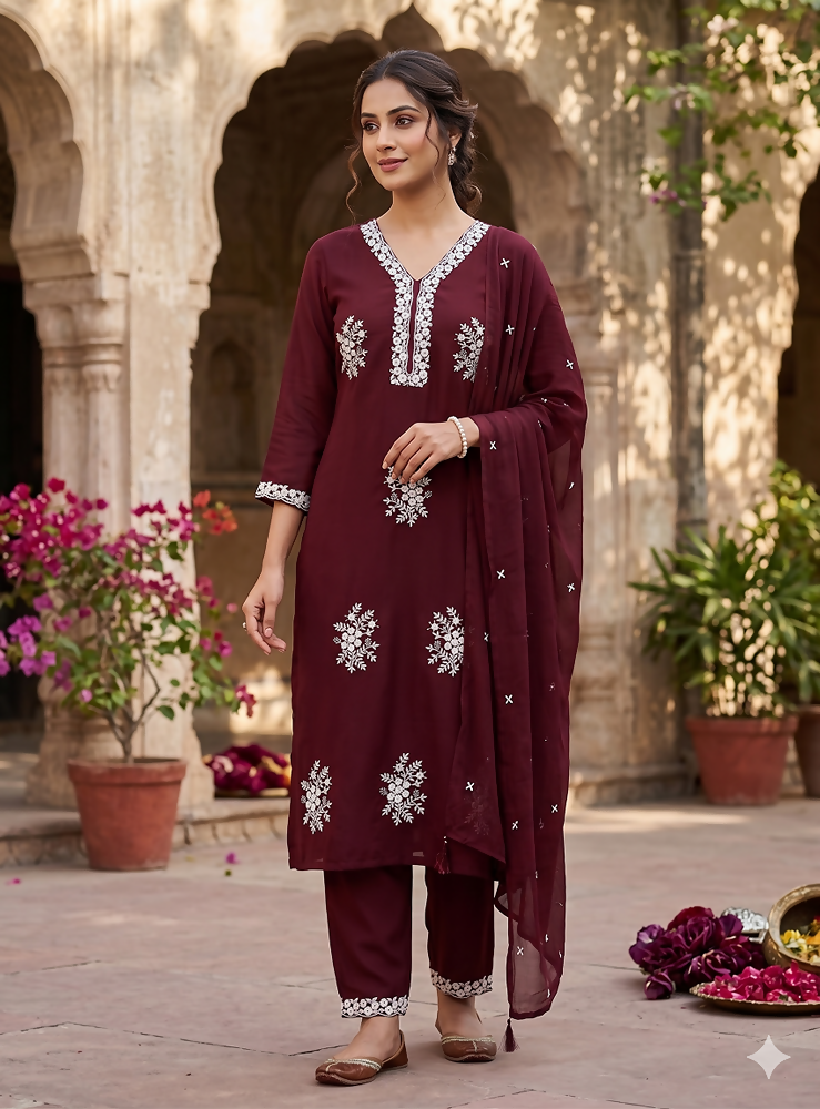 Teeya Creation Vibrant Dark-Maroon Embroidered Kurti with Pant and Dupatta Set - Dista