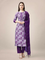 Thumbnail for Jyoti Fashion Women's Purple Rayon Print with Embroidery & Fancy Lace Work Kurta with Trouser & Dupatta - Distacart