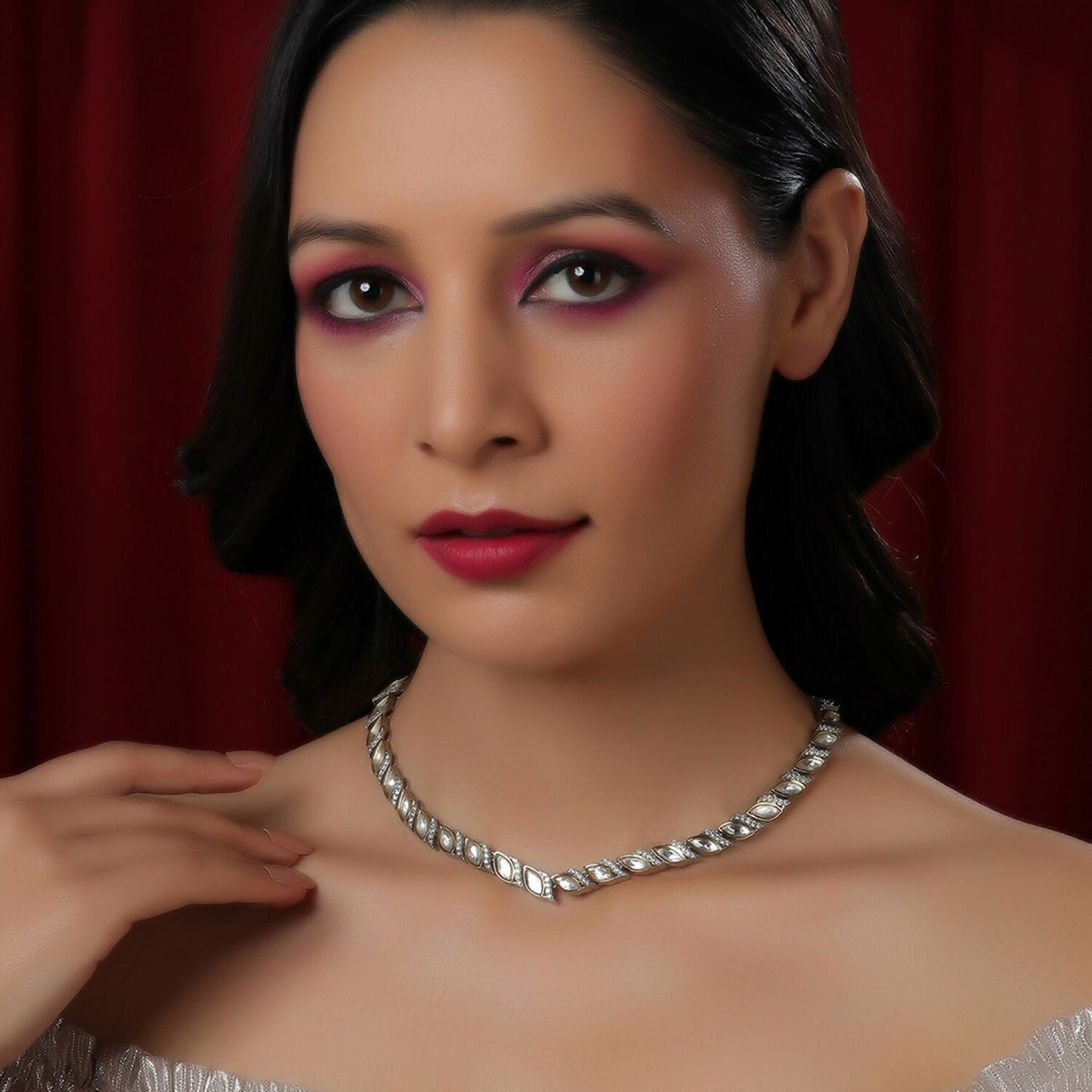 Leaf Shaped Neckpiece in Dual Tone Kundan and American Diamonds (Silver) - Ruby Raang - Distacart