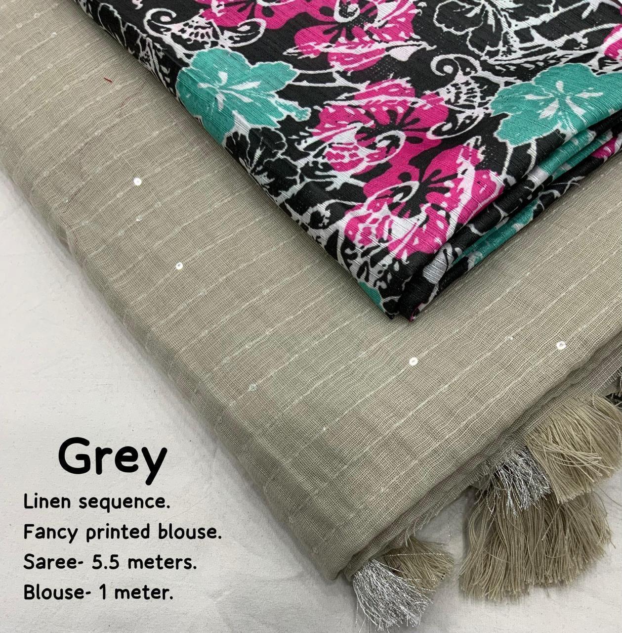 Grey Linen Sequence Saree with Unstitched Blouse - Hiral Fashion - Distacart