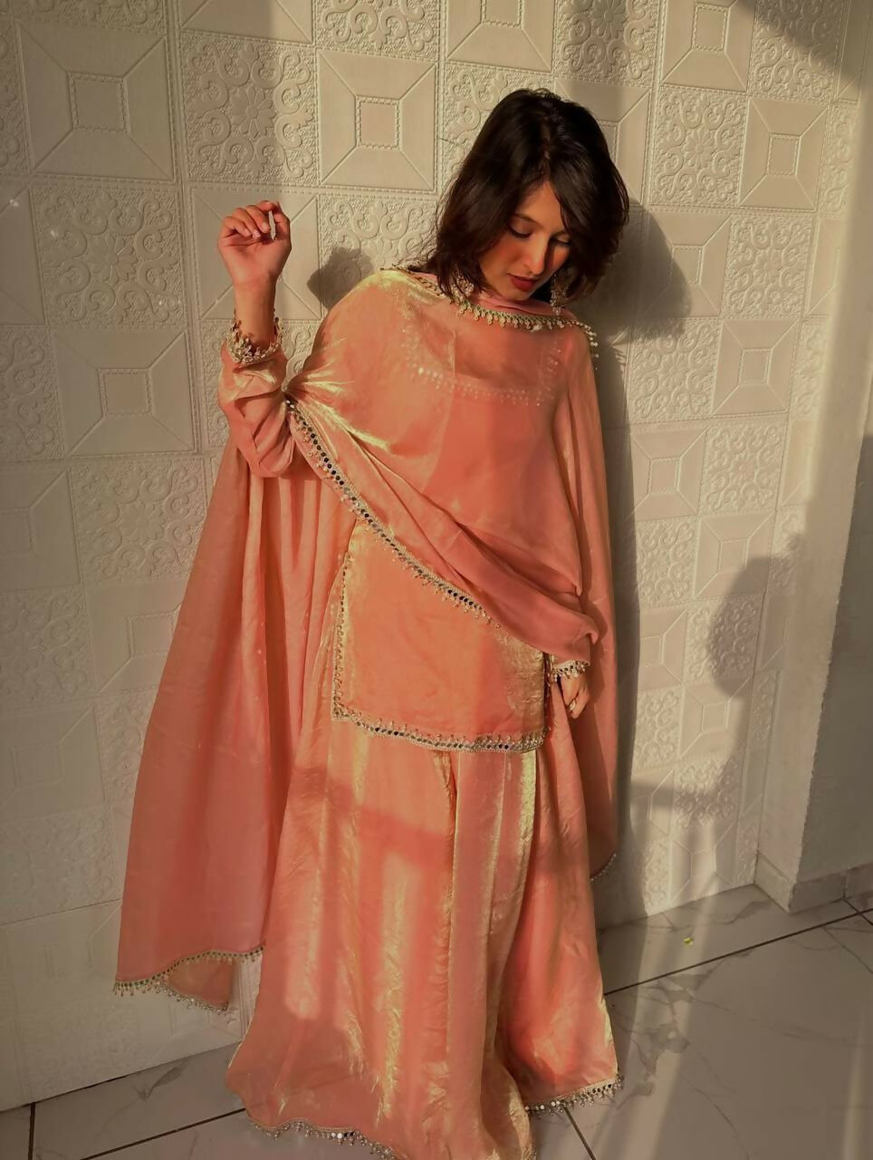 Teeya Creation Womens New Trending Less and Mirror Work Kurta Palazzo Set - Peach - Dista