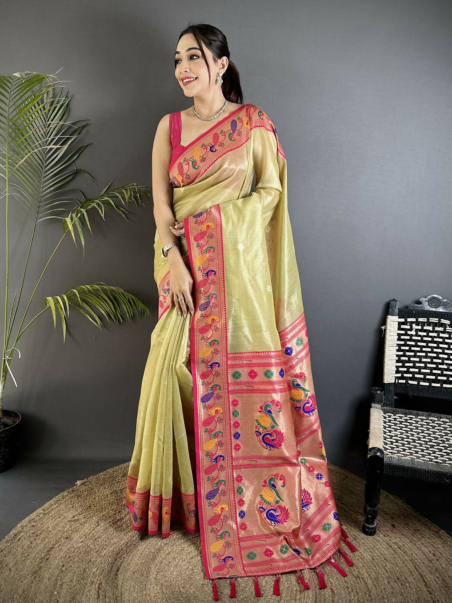 Joban Fashion Golden Beige Zari Weaving Tissue Paithani Saree - Dista