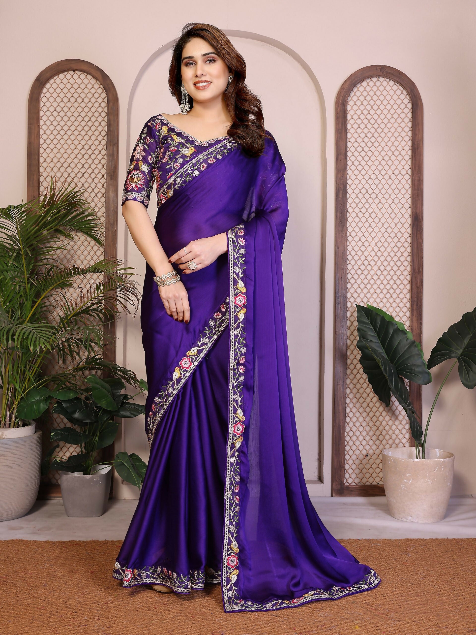 Teeya Creation New Trendy Party Wear Soft Satin Chiffon Saree-Purple - Dista