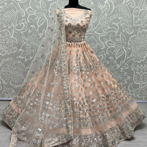 Jyoti Fashion Women's Peach Bridal Net Zari with Thread Embroidered Wedding Lehenga Choli - Distacart