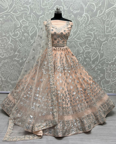 Jyoti Fashion Women's Peach Bridal Net Zari with Thread Embroidered Wedding Lehenga Choli - Distacart