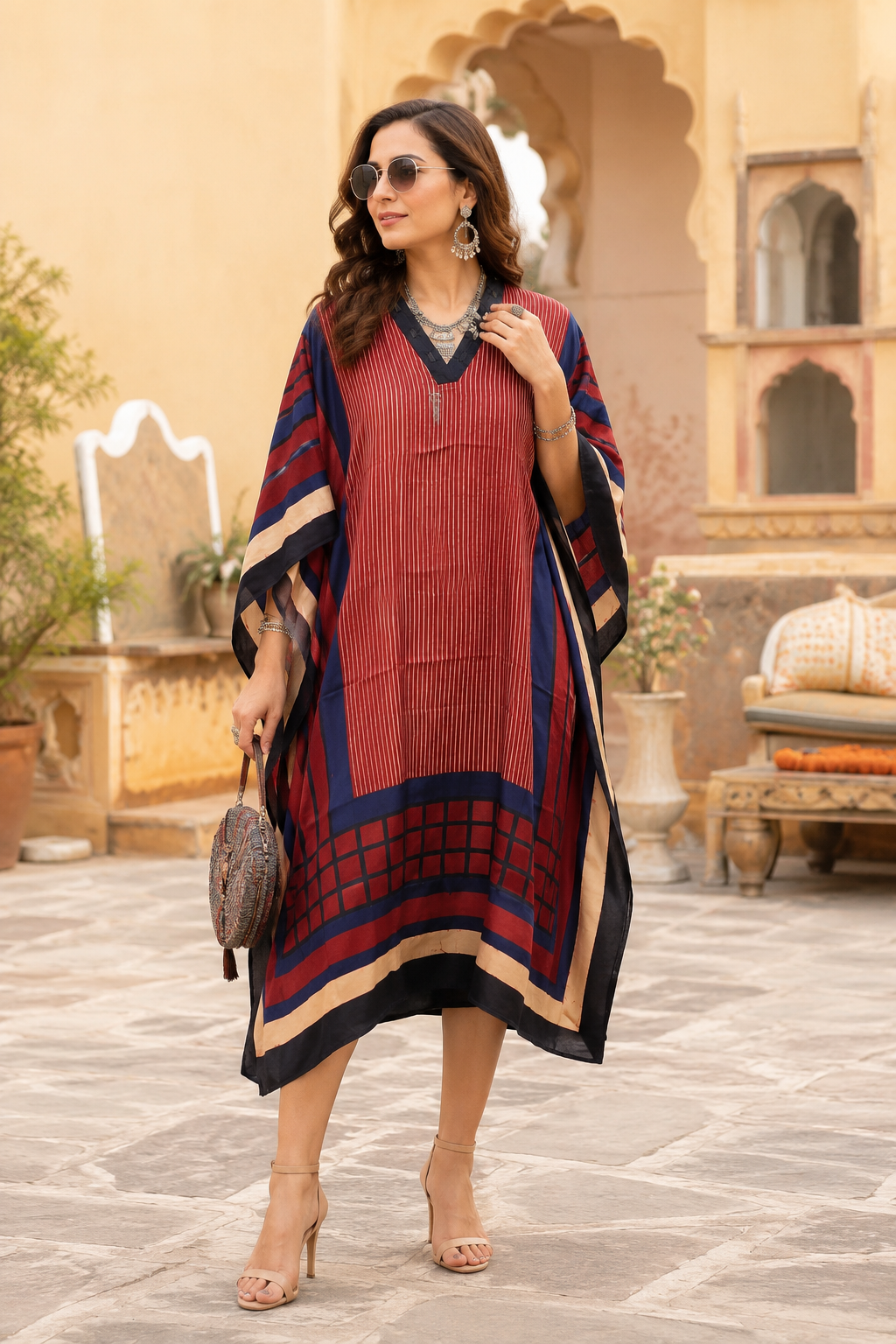 Breathables Women's Red Ajrakh Stripes Modal Silk Kaftan – Free Size