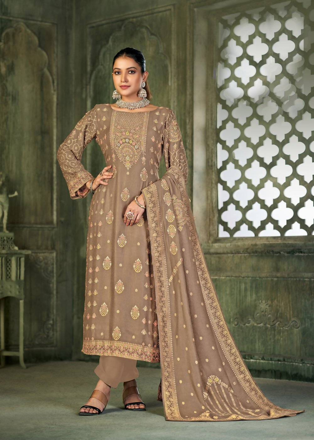 Beige Viscose Pasmina Mina Work Kurta & Bottom with Dupatta - Natasha - Distacart