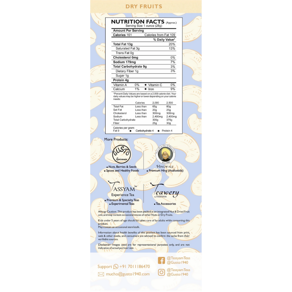 Tassyam Organics Premium Cashews w240 Grade - Pouch - Distacart