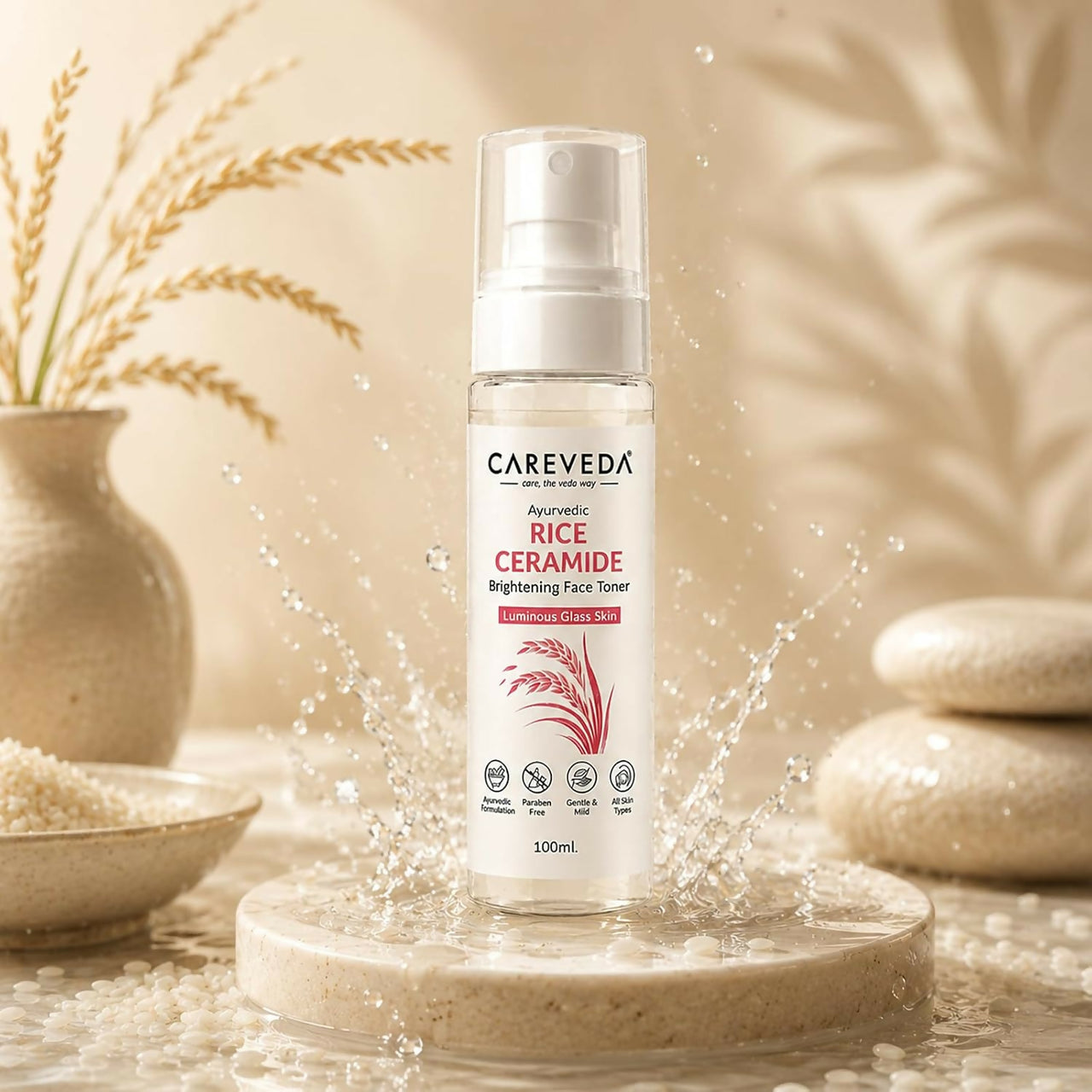 CareVeda Ayurvedic Rice Ceramide Face Toner for Luminous Glass Skin - Brightening & Hydrating Toner with Green Tea & Vitamin E - Dista