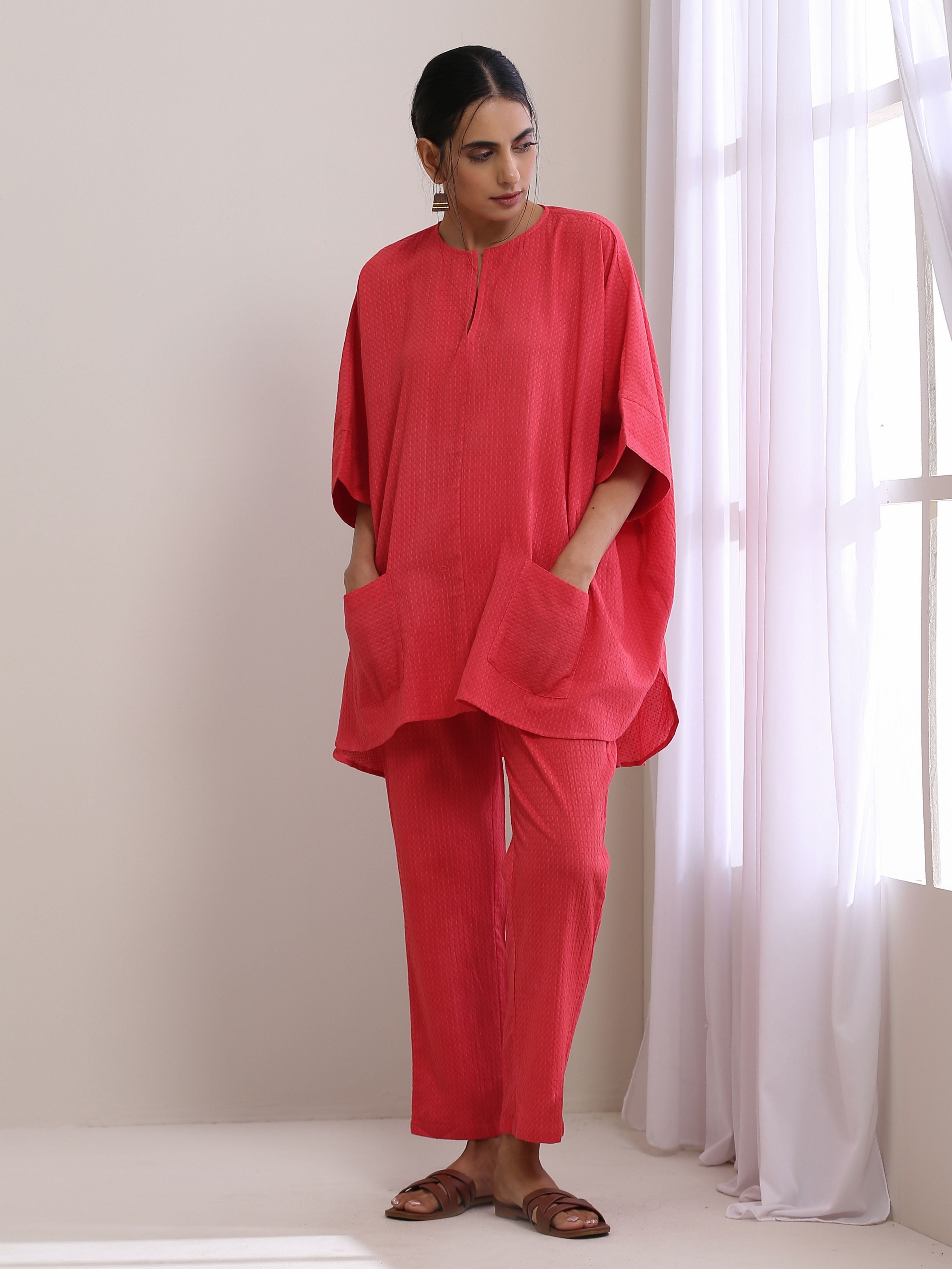 trueBrowns Bright Pink Dobby Boxy Fit High Low Co-Ord Set - Distacart