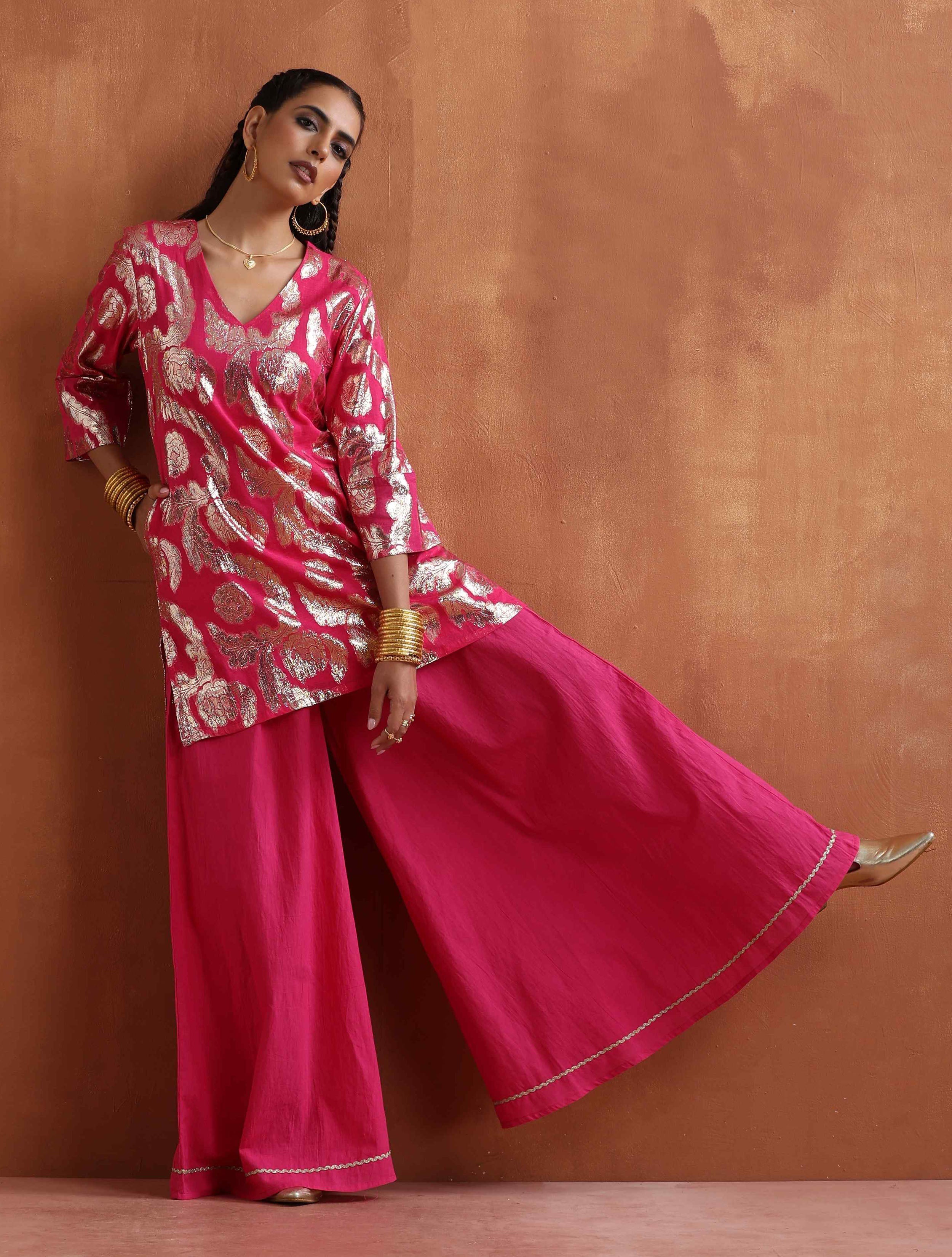 trueBrowns Pink Metallic Sharara Set - Distacart