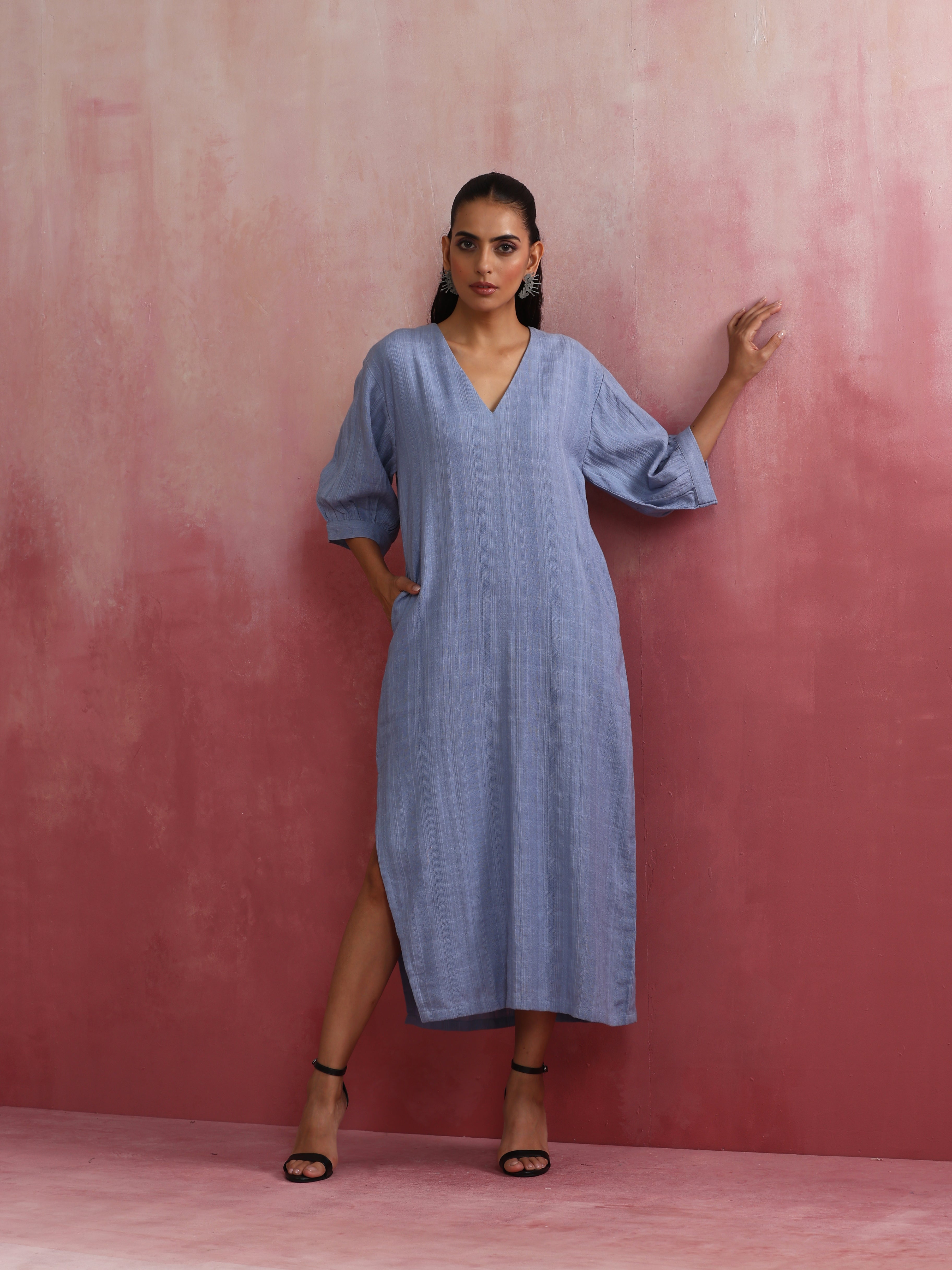 trueBrowns Sky Blue Cotton Dobby Dress - Distacart