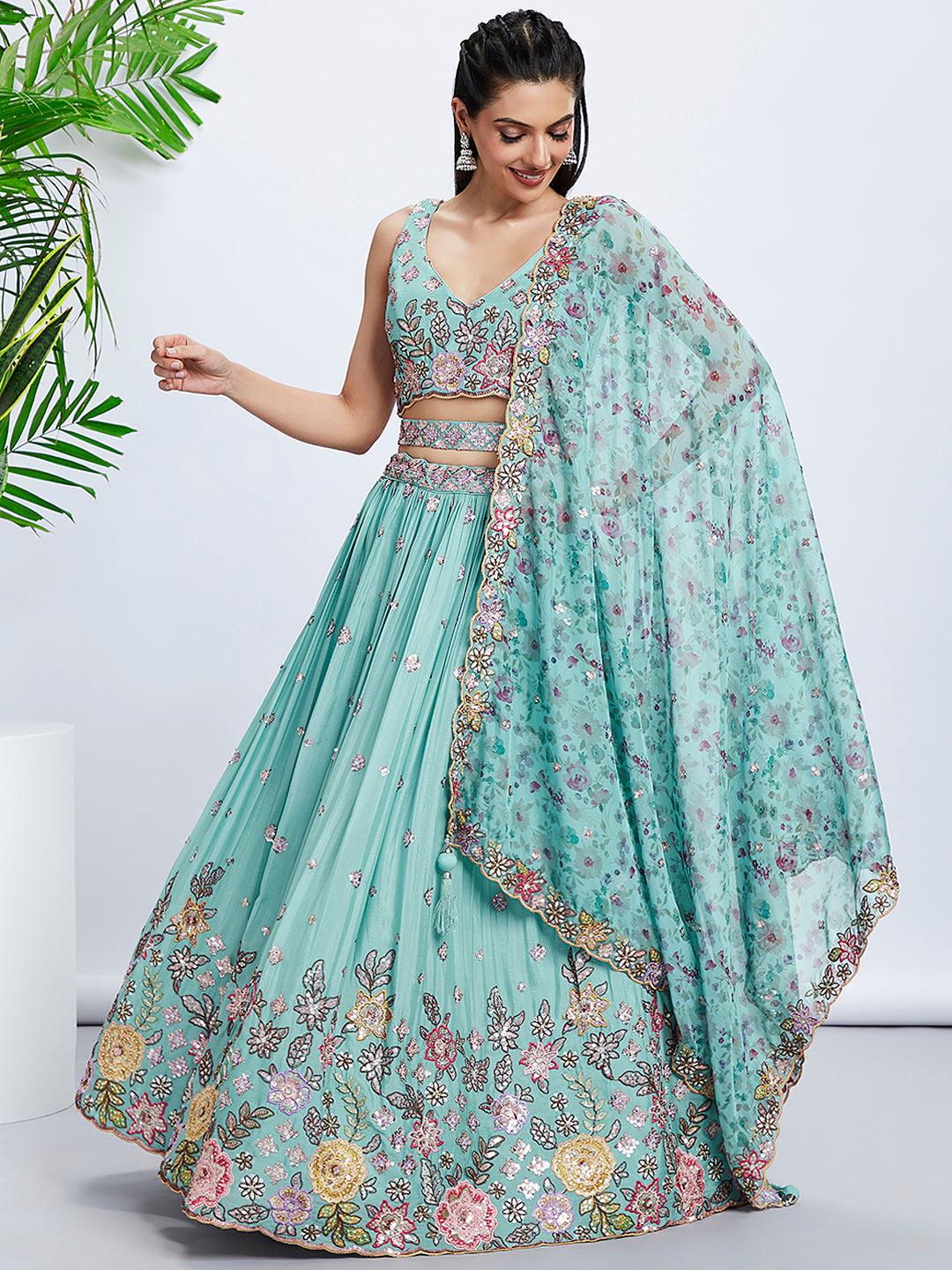 House of Panchhi Mauve Chiffon Sequins And Thread Embroidery Lehenga Choli & Dupatta - Distacart