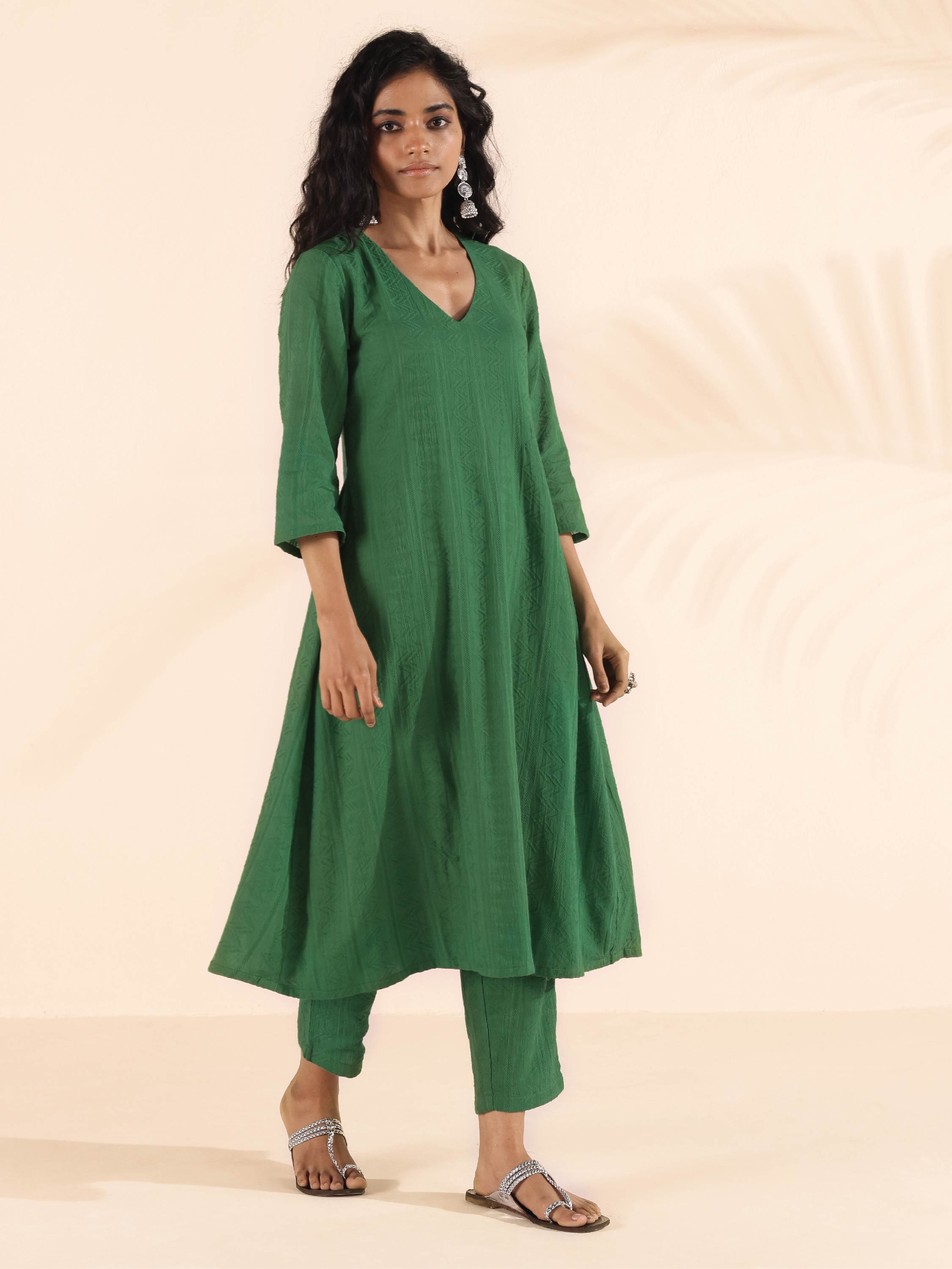 trueBrowns Green Cotton Dobby Kurta Pant Set - Distacart