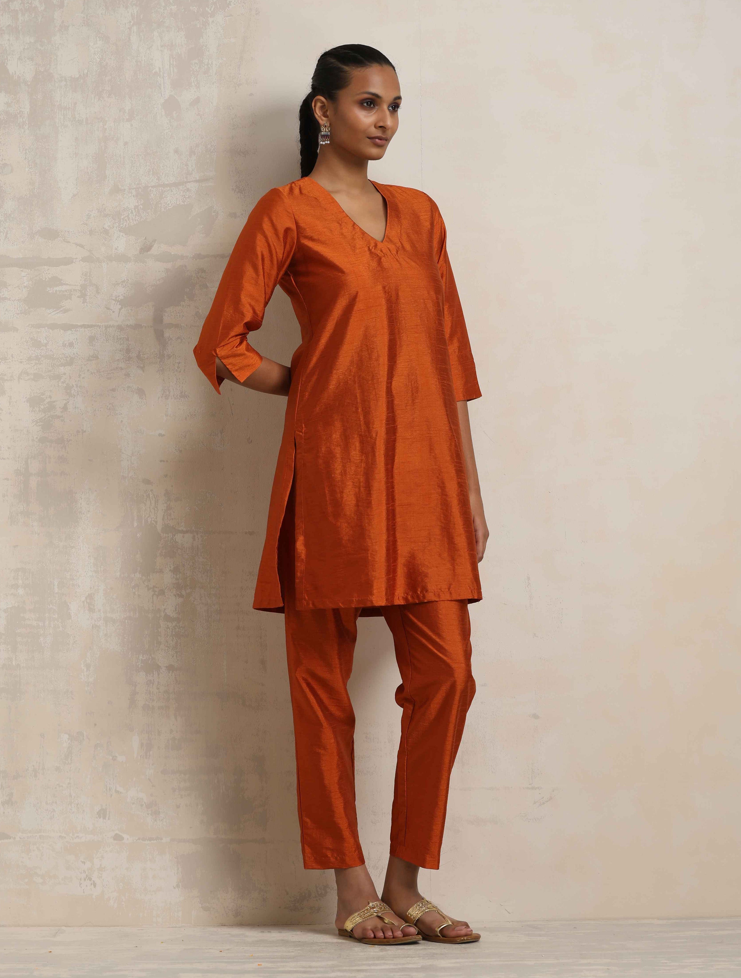 trueBrowns Orange Silk Kurta Co-ord Set - Distacart
