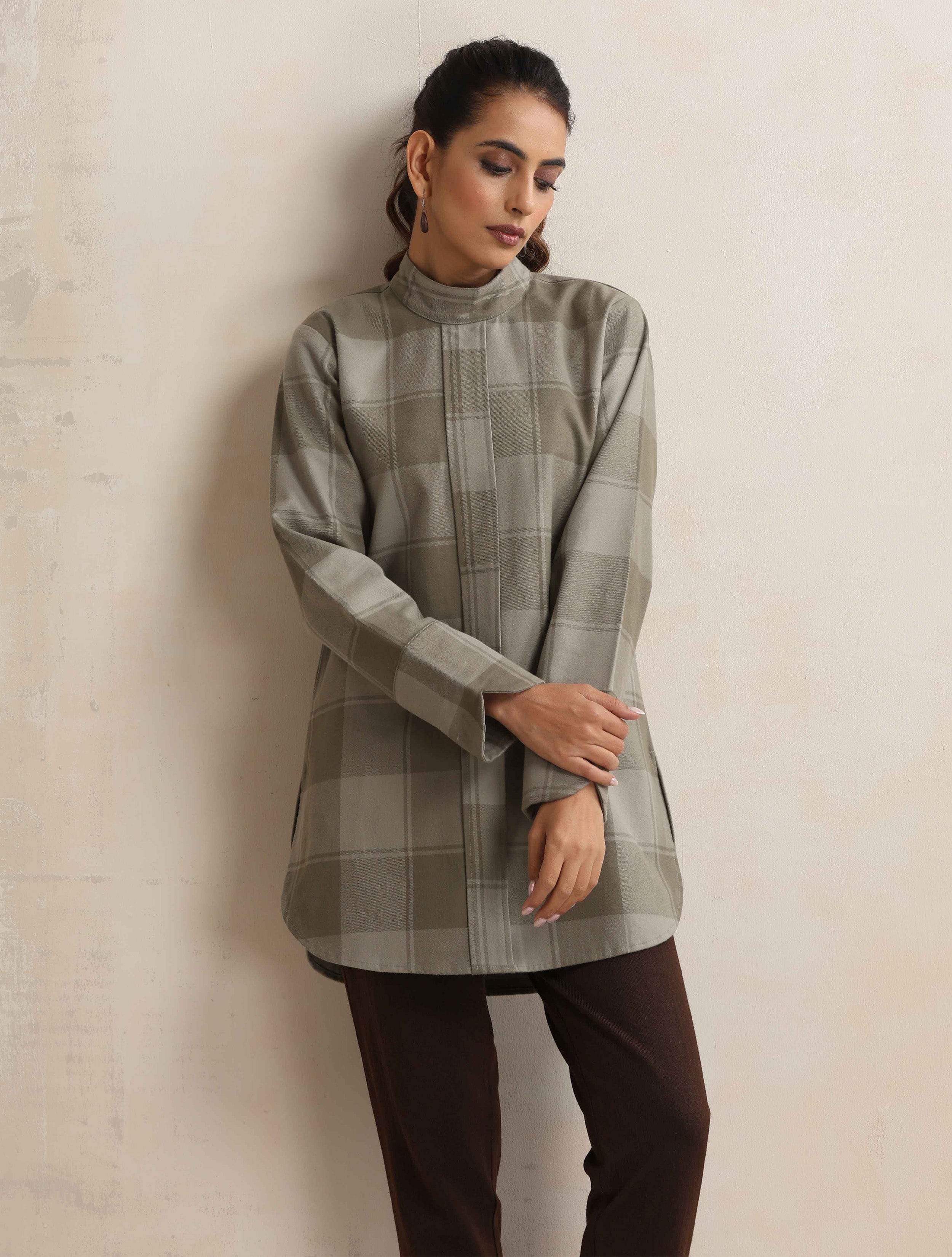 trueBrowns Green Check High Neck Winter Top - Distacart