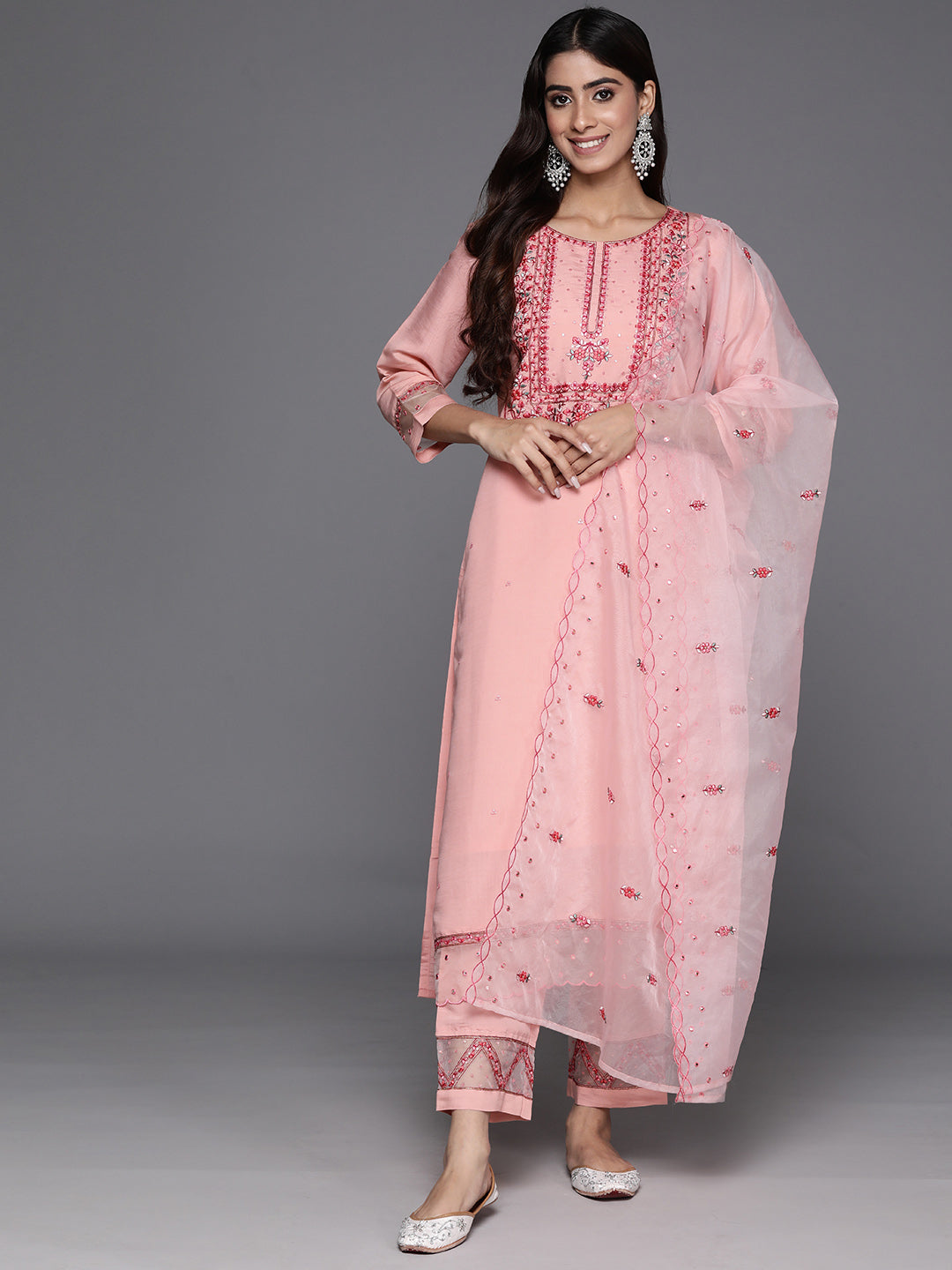 Varanga Women Peach Embroidered Straight Kurta Paired With Tonal Bottom And Organza Embroidered Dupatta - Distacart