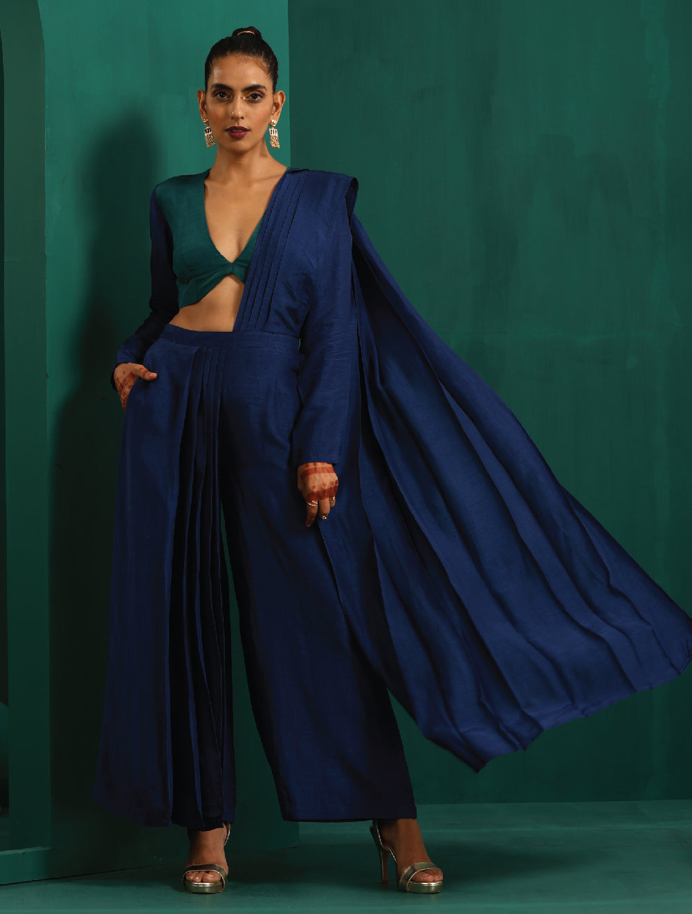 trueBrowns Blue Silk Palazzo Stitched Saree - Distacart
