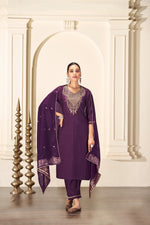 Thumbnail for BulBul Gita Purple Silk Kurta Set with Dupatta