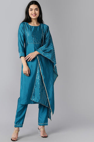 Ahika Blue Poly Chanderi Solid Straight Suit Set