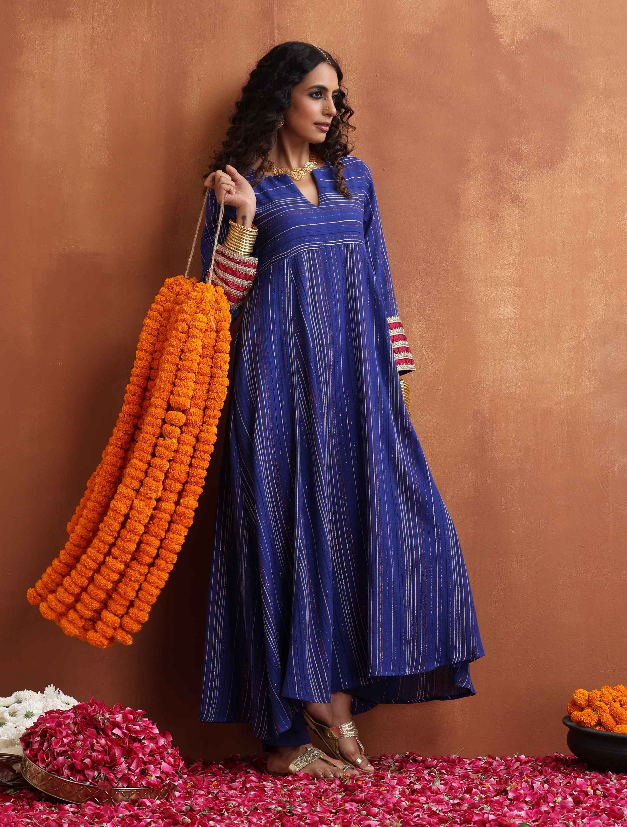 trueBrowns Blue Stripe Flared Anarkali Kurta Set - Distacart