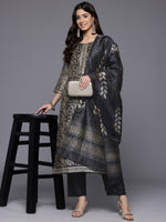 Thumbnail for Varanga Women Grey Floral Printed Round Neck Straight Kurta Paired With Bottom And Printed Dupatta - Distacart