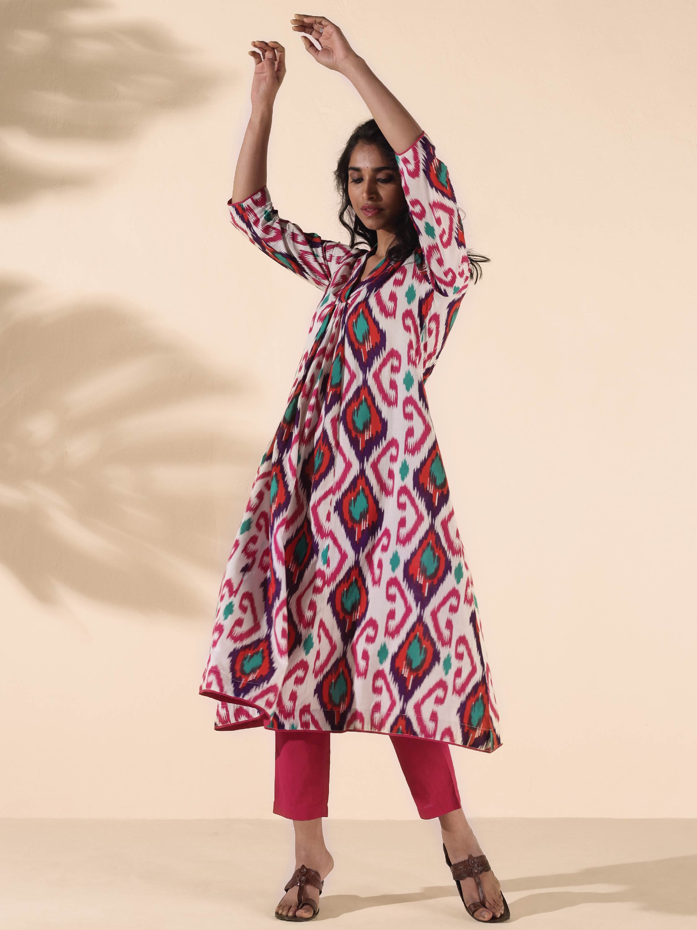 trueBrowns Pink Cotton Ikat Flared Kurta Pant Set - Distacart