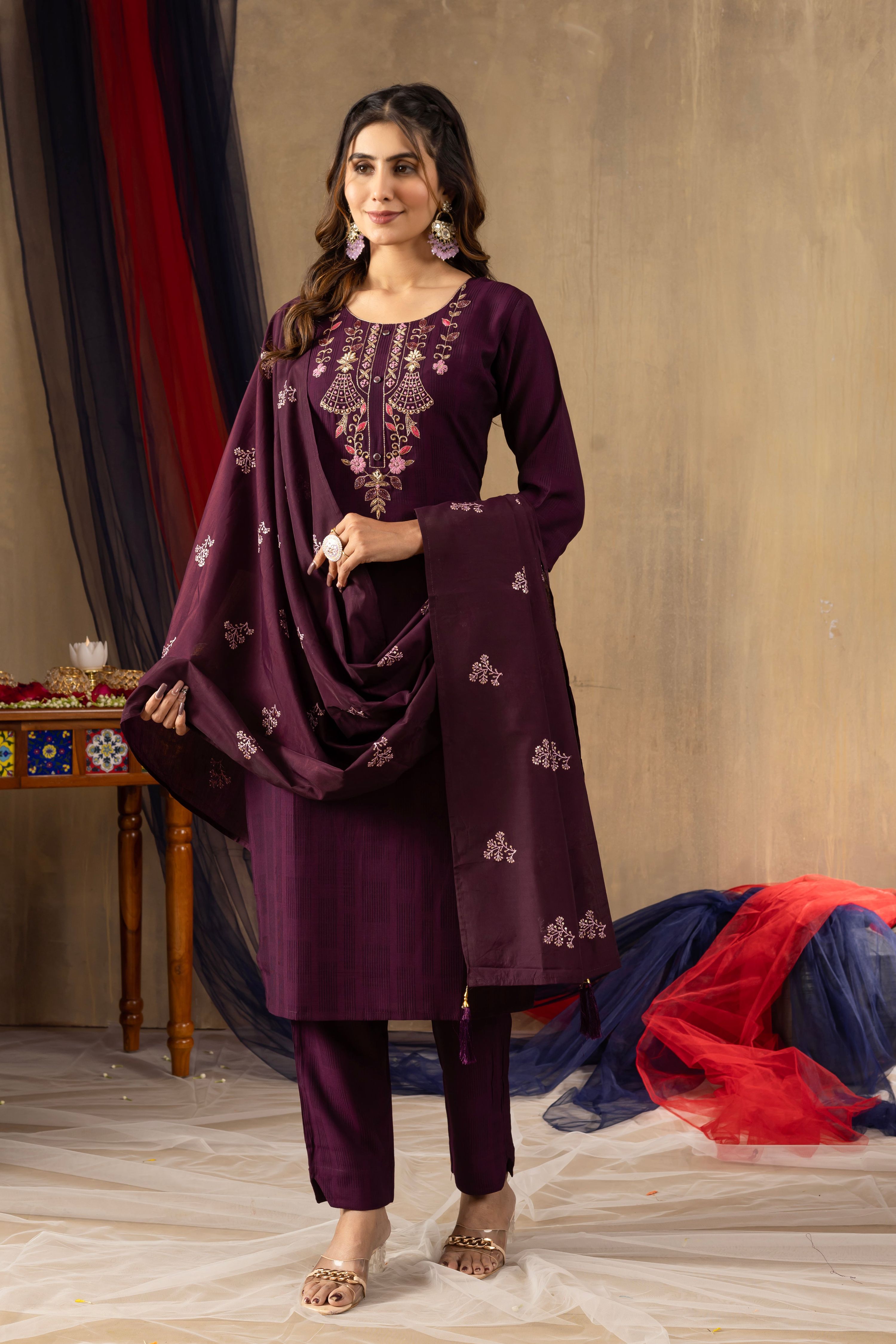 Pramukh Fab Wine Color Viscose Kurta Set - Distacart