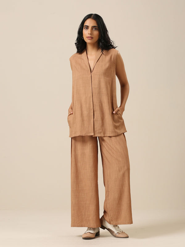 trueBrowns Beige Slub Texture Sleevesless Jacket Pant Set - Distacart