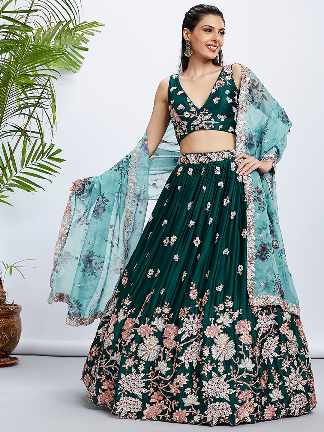 House of Panchhi Teal Pure Georgette Sequins And Thread Embroidery Lehenga Choli & Dupatta - Distacart