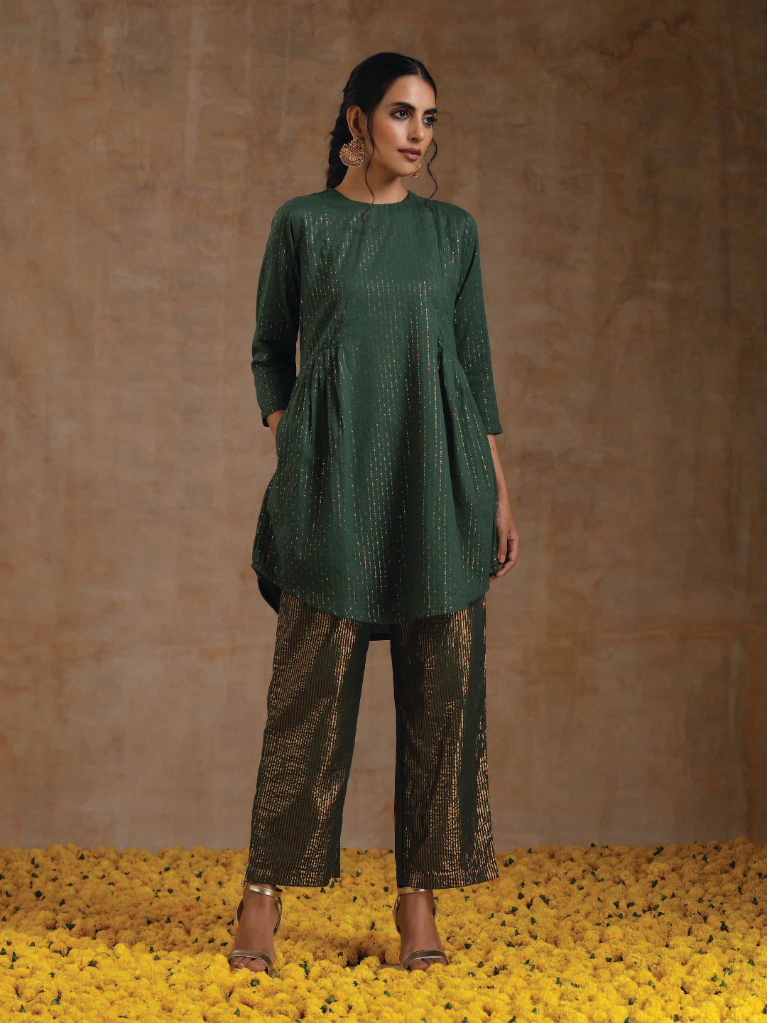 trueBrowns Dark Green Gold Cotton Side Gather Co-Ord Set - Distacart