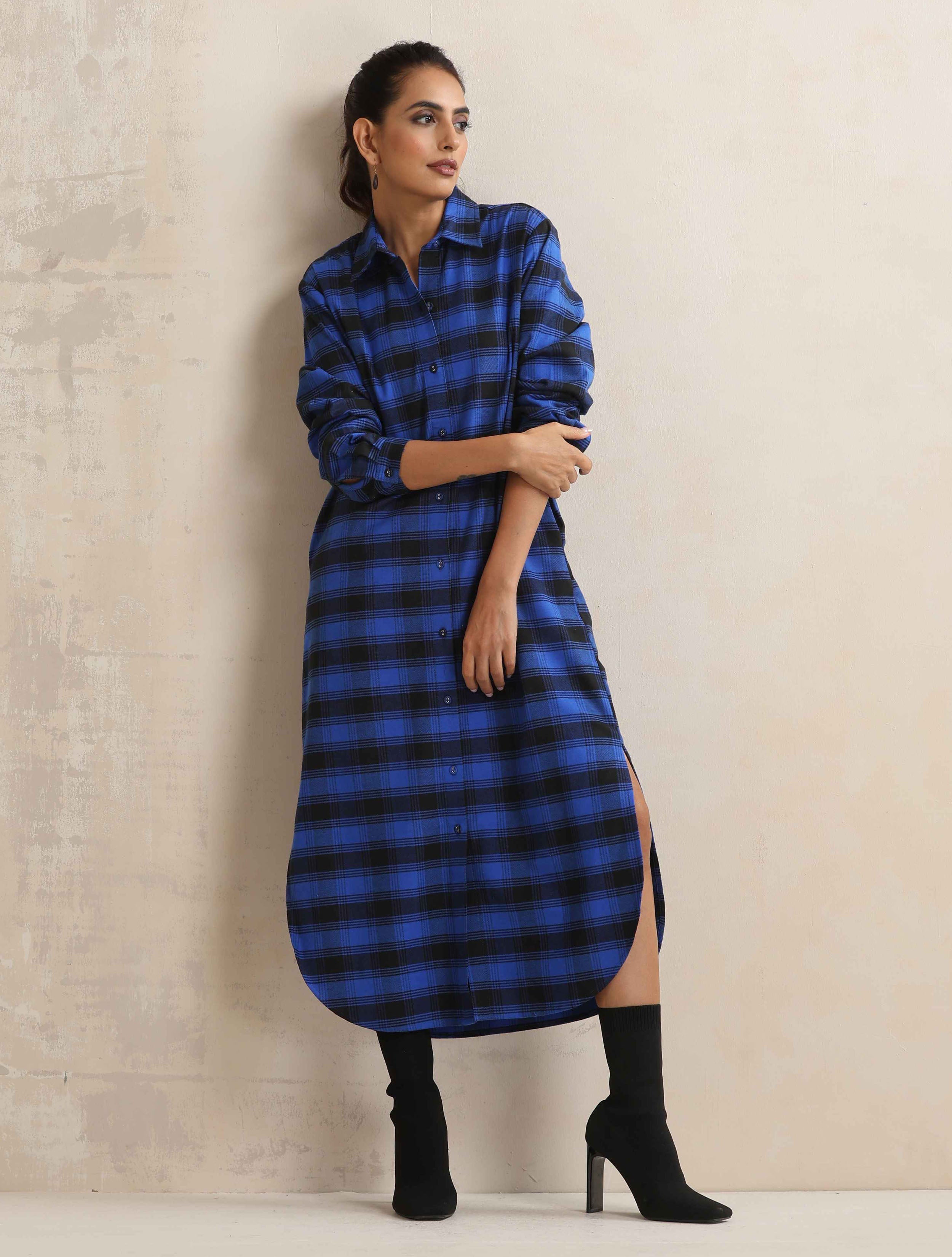 trueBrowns Blue Check Winter Shirt Dress - Distacart