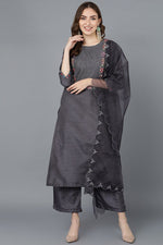 Thumbnail for Ahika Women Charcoal Poly Silk Embroidered Kurta Trousers With Dupatta