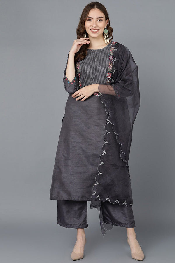 Ahika Women Charcoal Poly Silk Embroidered Kurta Trousers With Dupatta