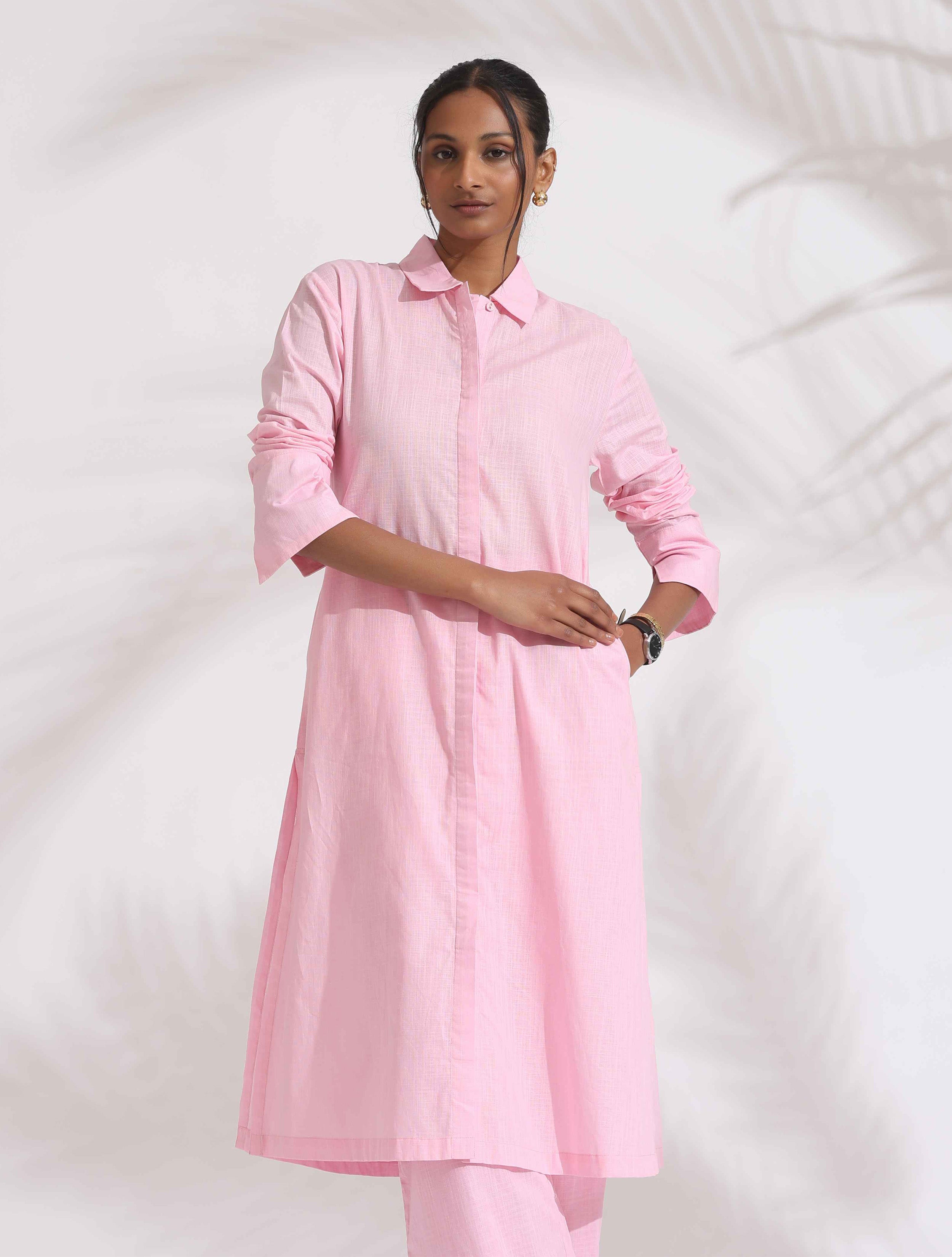trueBrowns Pink Cotton Embroidered Kurta Set - Distacart