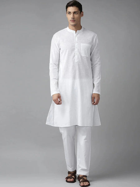 Fabmade Men White Cotton Linen Kurta