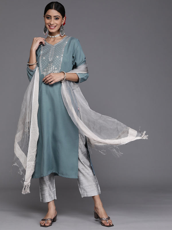 Varanga Women Blue & Silver Sequinned Yoke Design Kurta With Trousers & Dupatta - Distacart