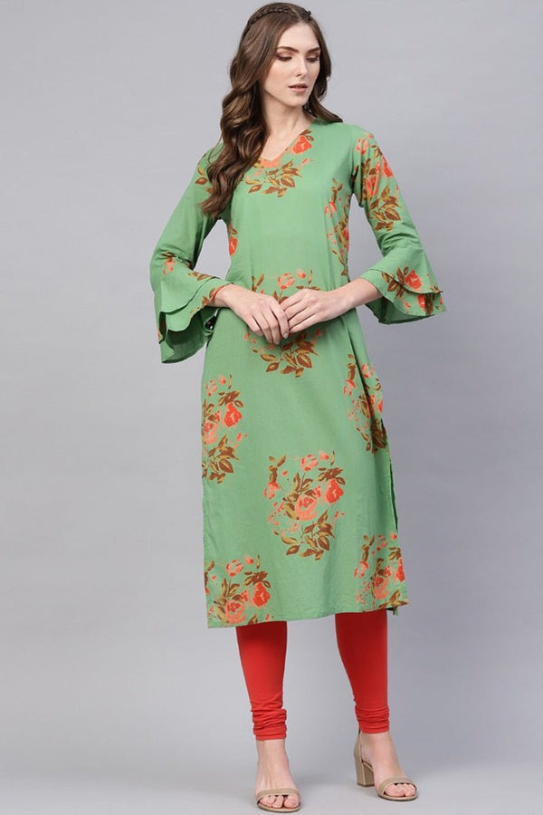 Ahika Regular Wear Cotton Fabric Printed Sea Green Color Simple Kurti - Distacart