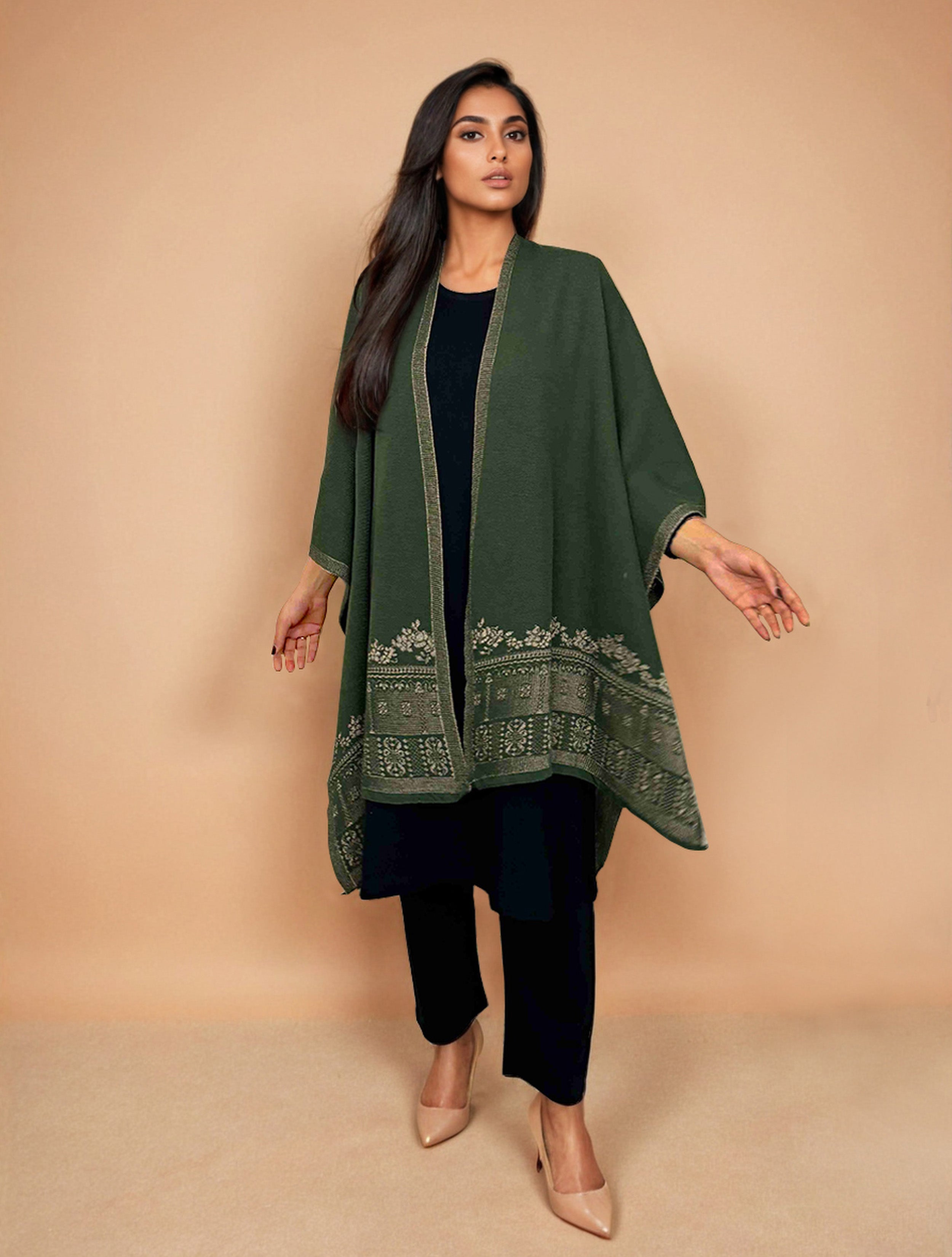 trueBrowns Green Woollen Kaftan Cape - Distacart