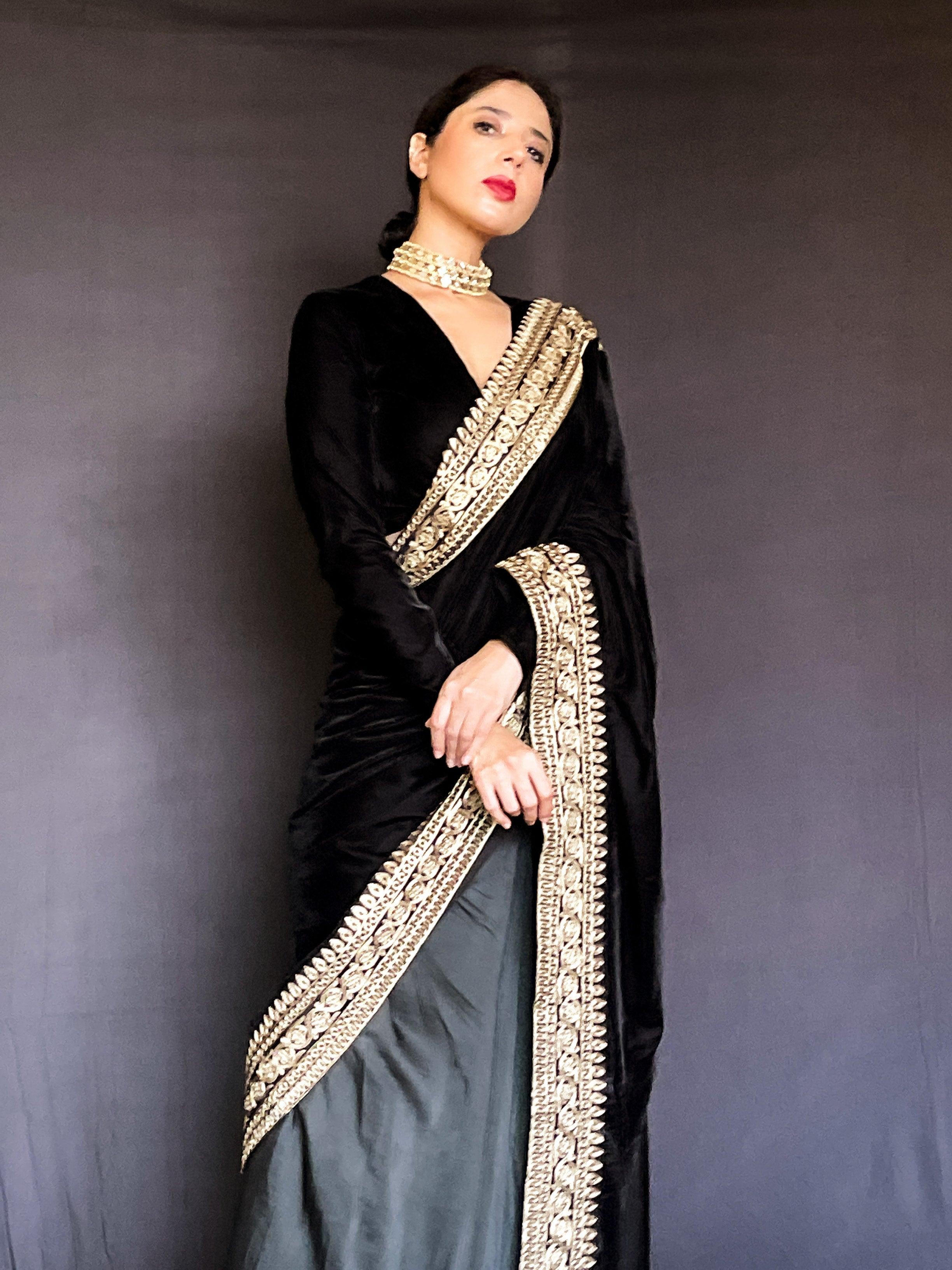 trueBrowns Velvet Silk Embroidered Ready Pleated Saree - Distacart