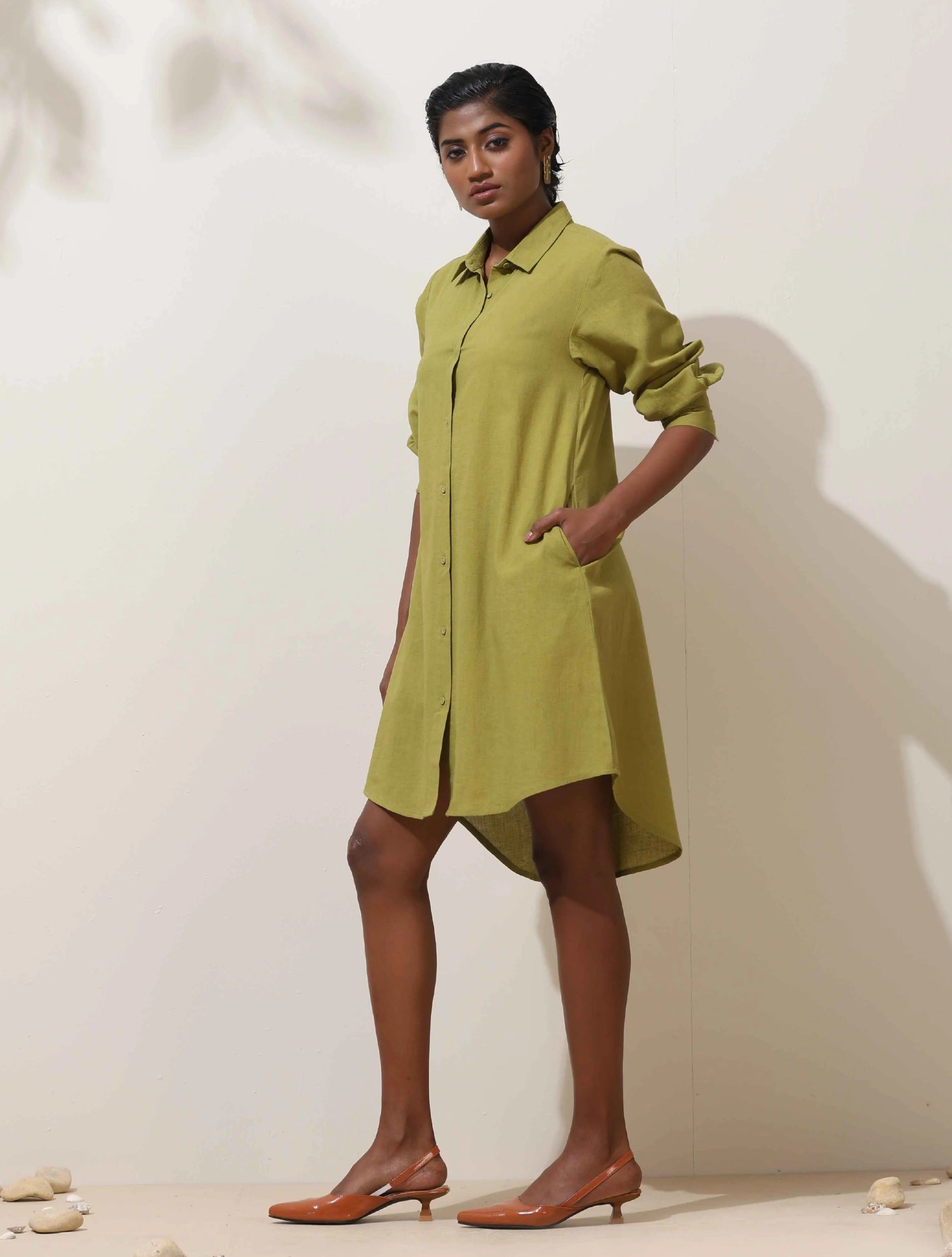 trueBrowns Pear Green Cotton Linen Dress - Distacart