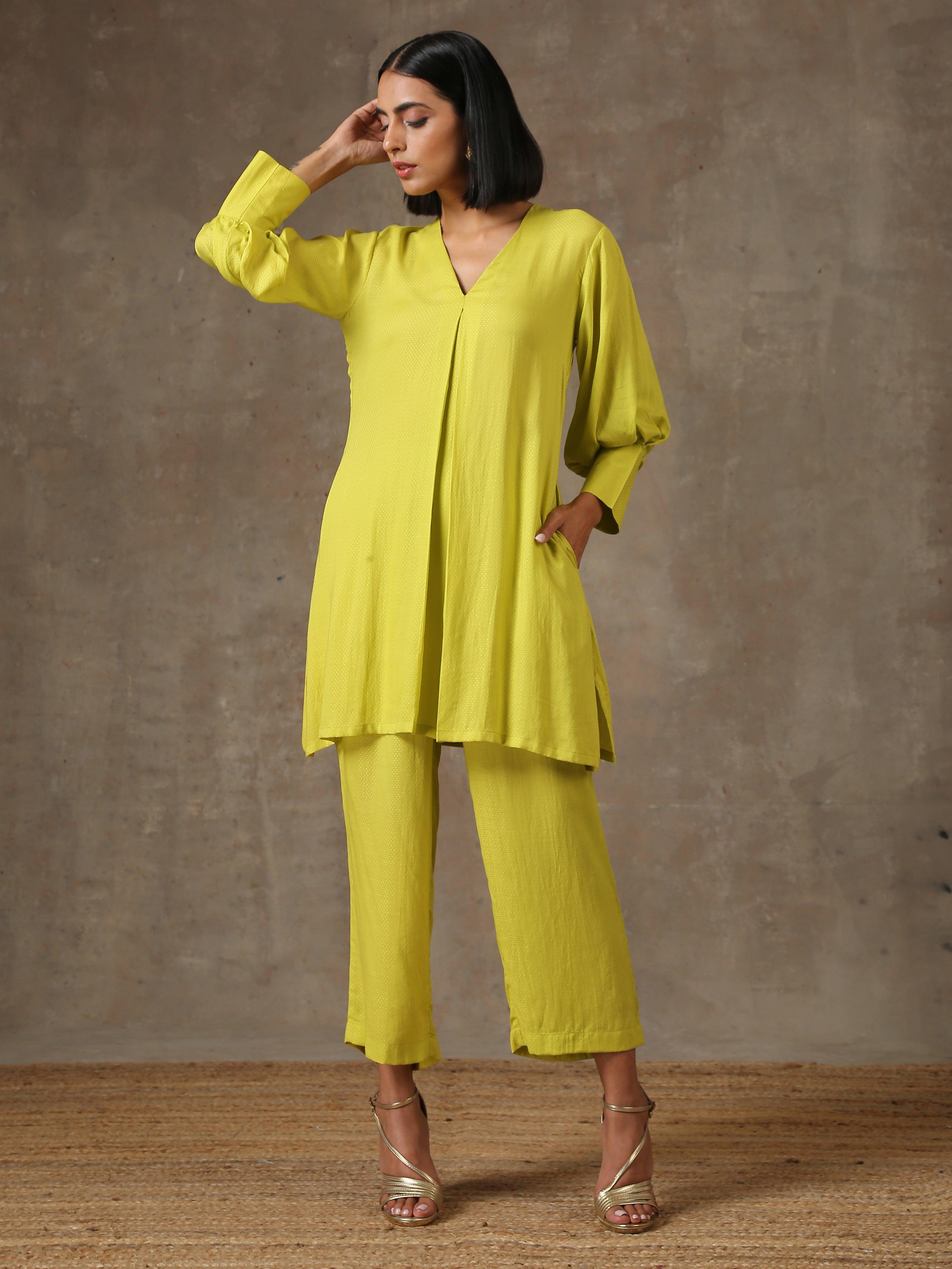 trueBrowns The Penelope - Lime Green Solid Textured Co-Ord Set - Distacart