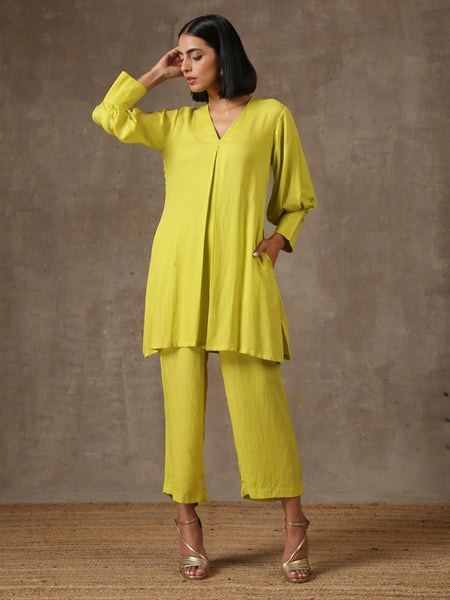 trueBrowns The Penelope - Lime Green Solid Textured Co-Ord Set - Distacart